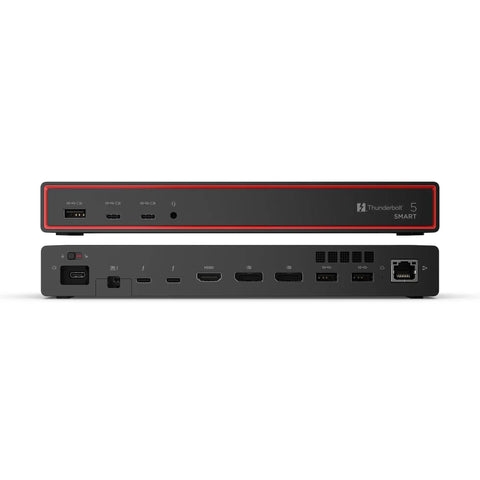 Plug And Play Thunderbolt 5 Docking Station Boasting 180W Output For Smooth Triple 8K Displays And Snappy Data Transfers For High Performance Workstation Setups Black, showcasing ports and sleek design.