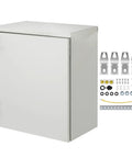 Badass Carbon Steel NEMA 4 Electrical Enclosure 24X24X12 with key lock and mounting hardware beside it.