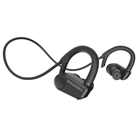 Black Shooting Ear And Hearing Protection Wireless Bluetooth Earbuds With ATACS Tech, featuring around-the-ear design and neck strap