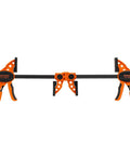 Front view of Jorgensen two-pack ratchet bar clamps set, orange and black, 12-inch, E-Z Hold expandable spreader