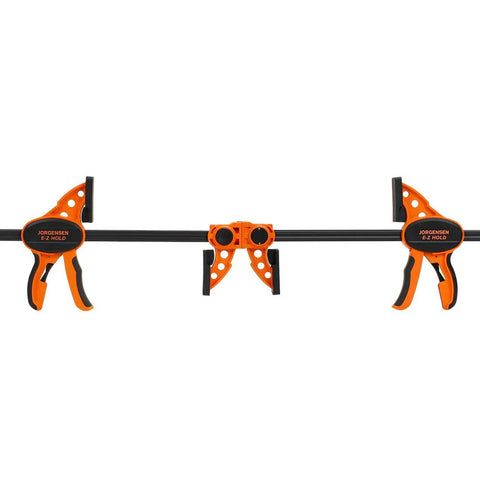 Front view of Jorgensen two-pack ratchet bar clamps set, orange and black, 12-inch, E-Z Hold expandable spreader