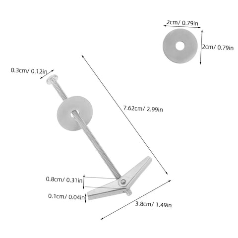 15-Piece Beefed-Up Metal Toggle Bolt Kit With Wing Nuts for Drywall Anchors showing bolt dimensions and components.