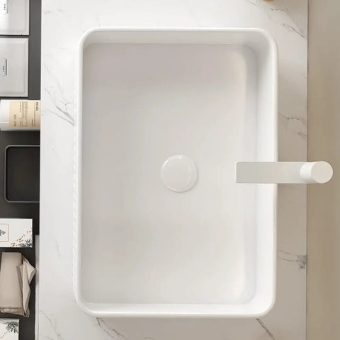 20'' Rectangular Vessel Ceramic Bathroom Sink without Faucet, Striped, White viewed from above, showcasing smooth interior.