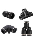 Solid Pneumatic Quick Air Fitting Kit With Push To Connect Design For 4 6 8 10 12 And 16mm PU PY PE Nylon Hose Plumbing Water Pipe Tubing Tools Free Fast Install, black plastic connectors