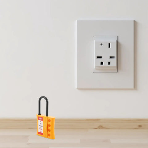 Badass Multi User Insulated Nylon Lockout Hasp With Four Reinforced Holes For Safety Tagout Protocols Built Tough next to electrical outlet.