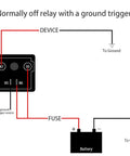 Diagram showing a normally off relay with ground trigger setup for a 12V battery and device connection.