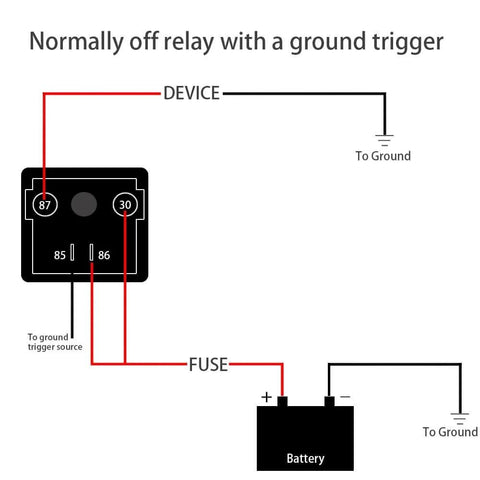 Diagram showing a normally off relay with ground trigger setup for a 12V battery and device connection.