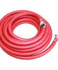 3/4 Inch Heavy Duty Red Rubber Air Compressor Hose 50 Ft Flexible Pneumatic Tubing With Chicago Style Quick Couplers 300 Psi coiled on the floor