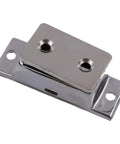 Close-up of silver finish, 304 stainless steel heavy duty latch for cabinets. Extra strong magnetic door catch for cabinets and cupboards.