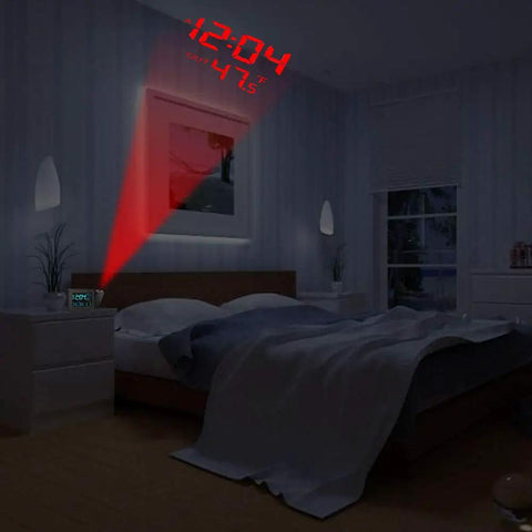 Digital Projection Alarm Clock With Weather Station And Indoor Outdoor Thermometer projecting time and temperature on wall