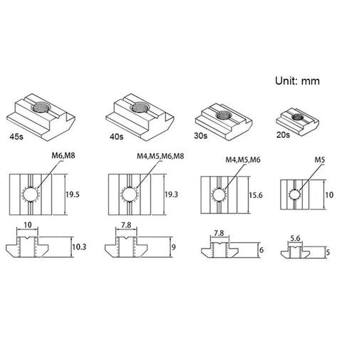 Technical drawing of 50 Pieces M3 Slide In T Nuts Tee Sliding Nut For 2020 Series Aluminum Extrusion Profiles With 6mm Slot Silver Finish.
