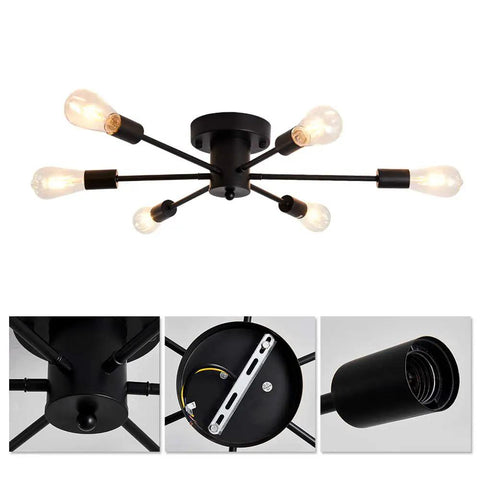 Six Light Sputnik Ceiling Light Dope Matte Black Semi Flush Mount Edison Chandelier Industrial Farmhouse Fixture