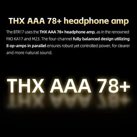 Text reading 'THX AAA 78+ headphone amp' with details about balanced design and power.
