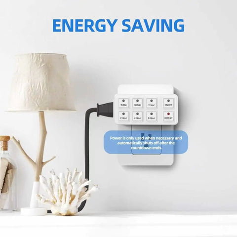 Slick Indoor Countdown Timer Outlet For Lights And Home Electronics 15 Amp Grounded Wall Plug, energy-saving digital timer with buttons.