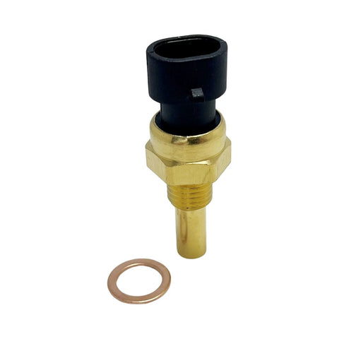 Front view: YCUPONE coolant temperature sensor with brass threaded body and black plastic top, and copper sealing washer