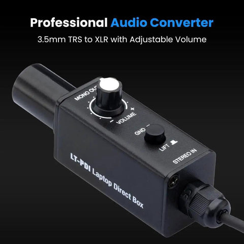 Direct Box 1 Channel Passive DI Box For Laptop Smartphone Tablet 3.5mm To XLR Converter With Ground Lift, top view.
