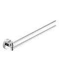 Spacious Dual Arm Swinging Towel Bar Offering Effortless 180 Degree Pivot Wall Mount Design For Quick Wet And Dry Hanging Bumper Proof Setup With Glossy Chrome Finish on wall.