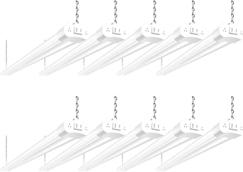 Ten Pack 4ft Linkable LED Shop Light Fixture 4400 Lumens, 42W, 5000K Daylight White hanging setup