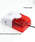 Dual Water Level Alarm Sensor with 120 dB Red Strobe Siren, showing volume knob and flashing light feature