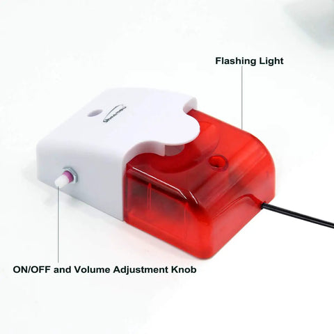 Dual Water Level Alarm Sensor with 120 dB Red Strobe Siren, showing volume knob and flashing light feature