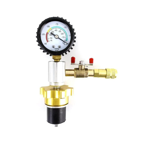 Coolant Vacuum Purge And Refill Tool Kit For Fast Bleed-Free Cooling System Fill With Universal Adapters, gauge and valve view