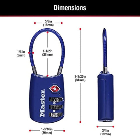 Set Your Own Combo TSA Travel Lock For Luggage And Zippers, Rugged Padlock With Cable Shackle, Colors May Vary, dimensions shown