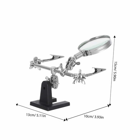 Adjustable Third Hand Soldering Station With Magnifying Glass And Dual Alligator Clips, size 15cm with measurements, on white background