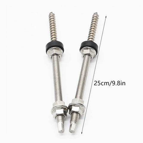 Built Tough Stainless Steel Hanger Bolts For Solar Panel Mounting On Corrugated Metal Roofs Sets Of Four Height Adjustable Quick Setup Bracket Kits close-up of two stainless steel hanger bolts with rubber washers and hex nuts, 25cm length.