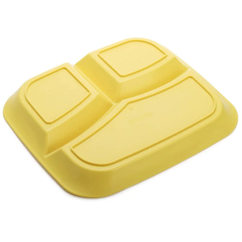 Yellow plate from 8 Pack Unbreakable Divided Dinner Plates With Three Compartments For Portion Control, 10 Inch Size, Reusable Food Grade PP BPA Free, Microwave And Dishwasher Safe