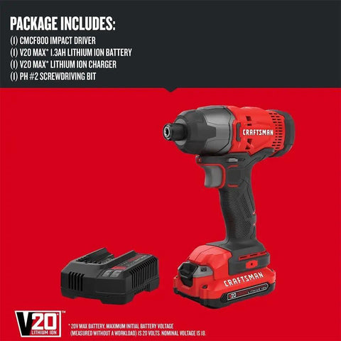 20V Max Impact Driver Kit with one quarter inch chuck, battery, charger, and work light displayed on a red background