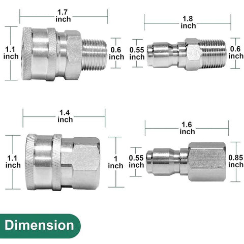 Four perspectives of an 8-piece 3/8 in quick-connect fittings kit for pressure washers; metal male and female adapters.