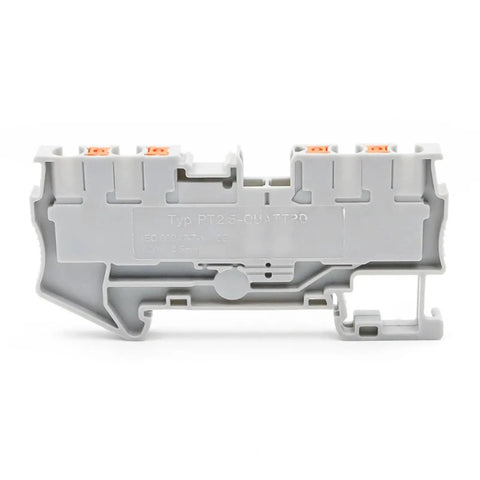 2.5mm2 4 Wire Terminal Block For DIN Rail With Spring Clamp, Orange, shown in compact Quattro style for industrial panels