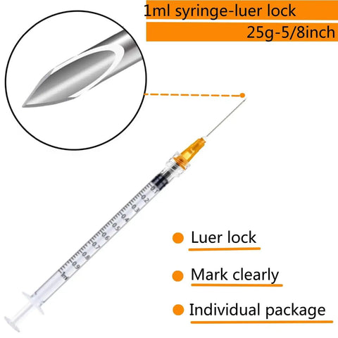 100 Pack 1mL 25G 5/8 Inch Lab Syringes With Luer Lock, Individually Sealed Packaging, Ideal For Industrial Dispensing And Precise Liquid Measuring.