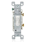 Front view of a 15 Amp Toggle LED Illuminated Single Pole Switch No Neutral Needed White LED Night Light For Easy Finding In The Dark