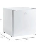 Hella Quiet 1.1 Cu Ft Countertop Upright Mini Freezer In Snazzy Steel White dimensions shown, perfect for dorms and apartments.