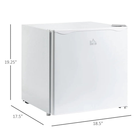 Hella Quiet 1.1 Cu Ft Countertop Upright Mini Freezer In Snazzy Steel White dimensions shown, perfect for dorms and apartments.