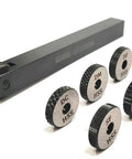 Single Wheel Knurling Tool Holder 10x10x100 mm with 5 HSS knurls for multiple patterns, tool steel, KTH6HSS.