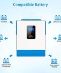 Diagram showing battery compatibility for All In One 5000W 48V Hybrid Solar Inverter With 80A MPPT Solar Charger And 40A AC Battery Charger.