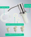 Brushed Nickel Built In Kitchen Soap Dispenser With 47 Inch Extension Tube Kit and Long Thread Shaft, shown with gaskets and stoppers
