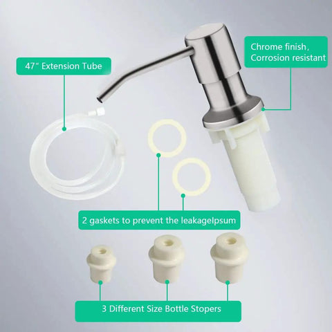 Brushed Nickel Built In Kitchen Soap Dispenser With 47 Inch Extension Tube Kit and Long Thread Shaft, shown with gaskets and stoppers