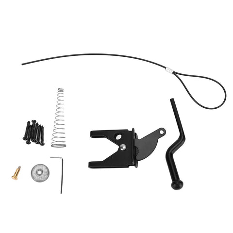 Aramox Carbon Steel Fence Latch with Spring Lock for gate components including latch, spring, screws, and manual for installation.