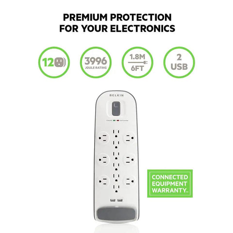 Image of 12 Outlet USB Power Strip Surge Protector With Flat Plug 6ft Cord 3996 Joules Of Protection White Pack Of 3, showing 12 AC outlets.