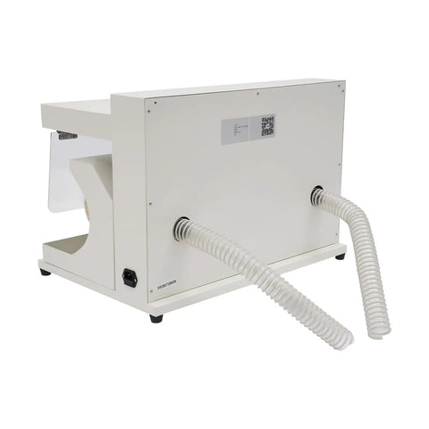 Back view of Heavy Duty Dual Head Bench Grinder With Adjustable Dust Guards  showing dust hoses and power outlet.