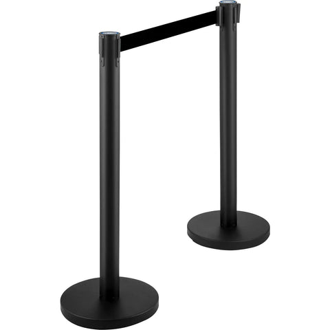 Stanchion Set With 6.6 Ft Black Retractable Belt For Crowd Control, Durable Barrier With Concrete And Metal Base