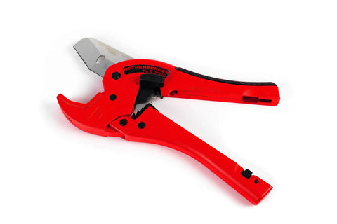 Red Pro Grade Plastic Pipe Cutter With Stainless Steel Blade, Rubberized Handle, And Transport Lock For 0-42 mm PVC CPVC PEX Pipes
