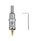 Front view of SALI 7/8 in tungsten carbide TCT hole saw with titanium-plated pilot bit and Allen key
