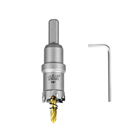 Front view of SALI 7/8 in tungsten carbide TCT hole saw with titanium-plated pilot bit and Allen key