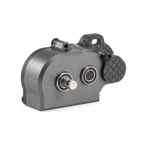 Side view of Tiny Gearbox with Adapter Plate for Straight Axle Builds, ultra light 44g aluminum case, carbon motor plate.