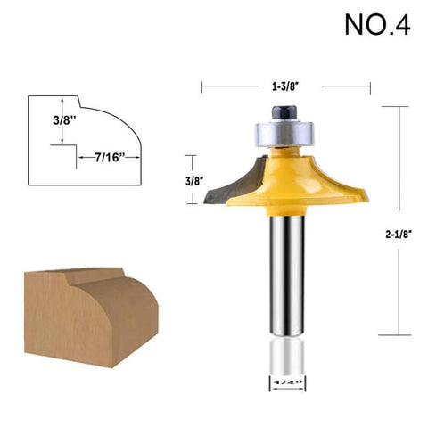 Round over bit with 1/4 inch shank from Four Piece One Quarter Inch Shank Router Bit Set For Door And Drawer Front Edging, Killer Ogee Bits, Thumbnail Bit, Round Over Bit, Carbide CNC Milling Cutters For Woodworking Grooving And Cabinet Making, shown with wood cut diagram.