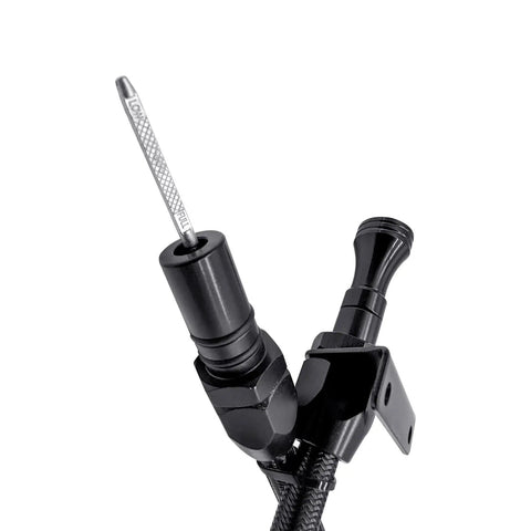 Close-up of a firewall mounted flex transmission dipstick for TH350 TH400 fits GM Chevy black durable steel construction with no fuss install and accurate oil level reading for reliable transmission maintenance, showing the dipstick's clear scale.